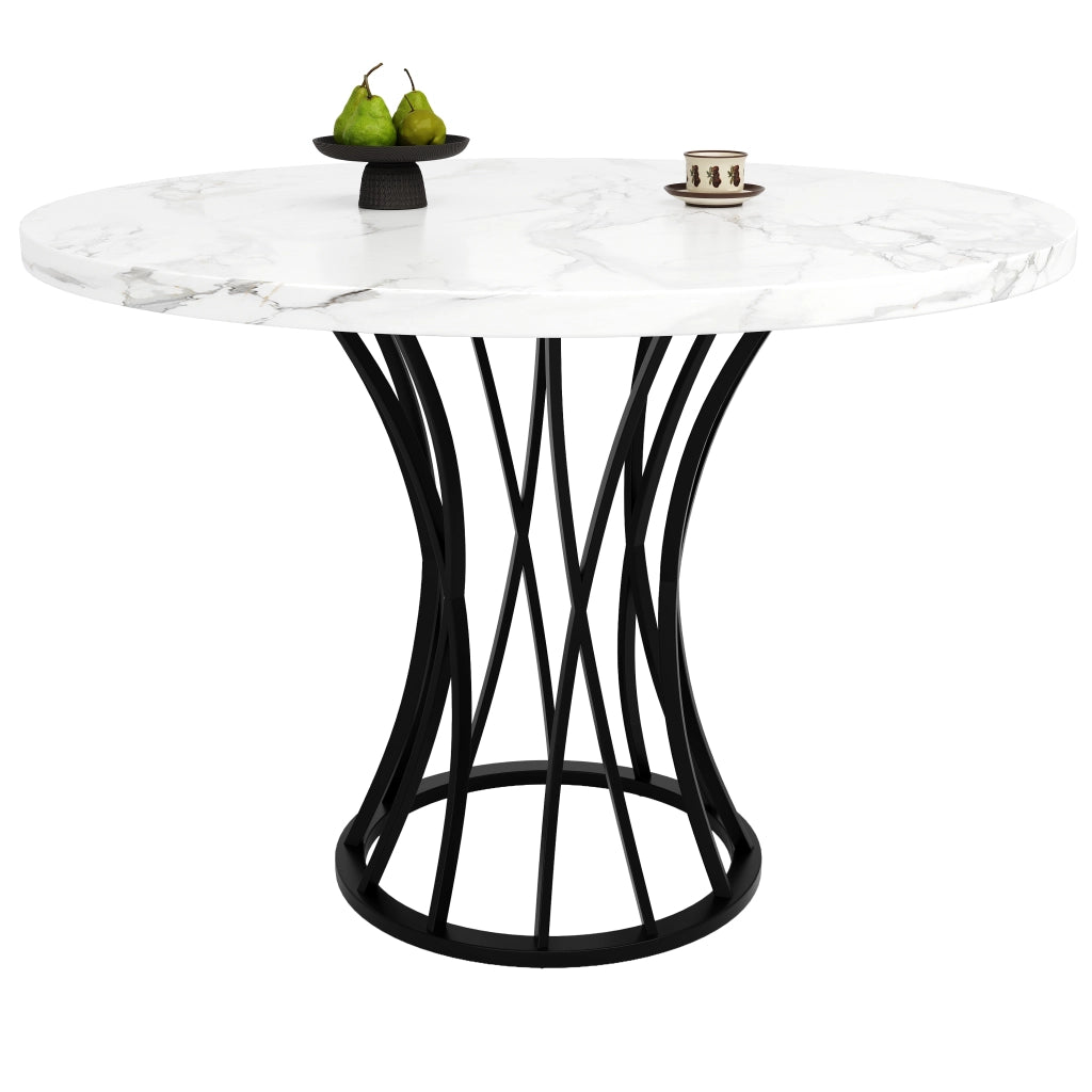 Tavolo da pranzo rotondo con piano in MDF effetto marmo; gambe in metallo; piedino regolabile; per sala da pranzo; soggiorno e ufficio; 80 × 80 × 76 cm