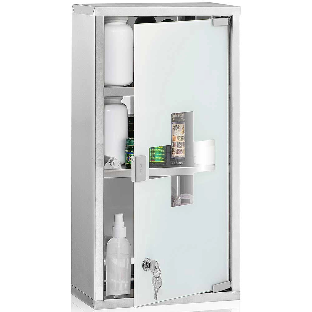 Armadietto Porta Medicinali Acciaio Inox e Vetro Satinato 50x30x18 cm con Chiave