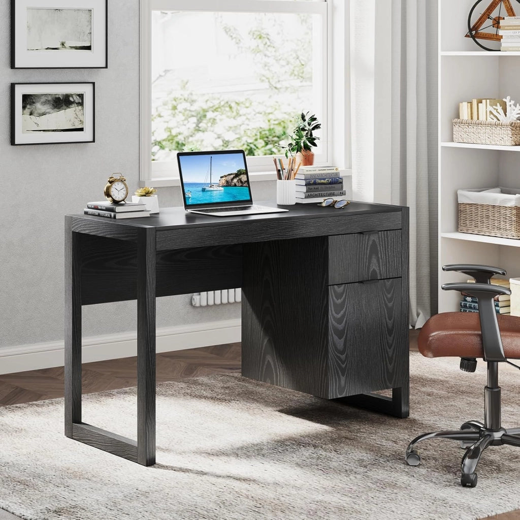 Scrivania Moderna per Computer, Postazione di Lavoro con Armadietto e Cassetto, Design Semplice ed Elegante, Scrivania con Superficie Liscia, Ideale per Casa e Ufficio (Nero)