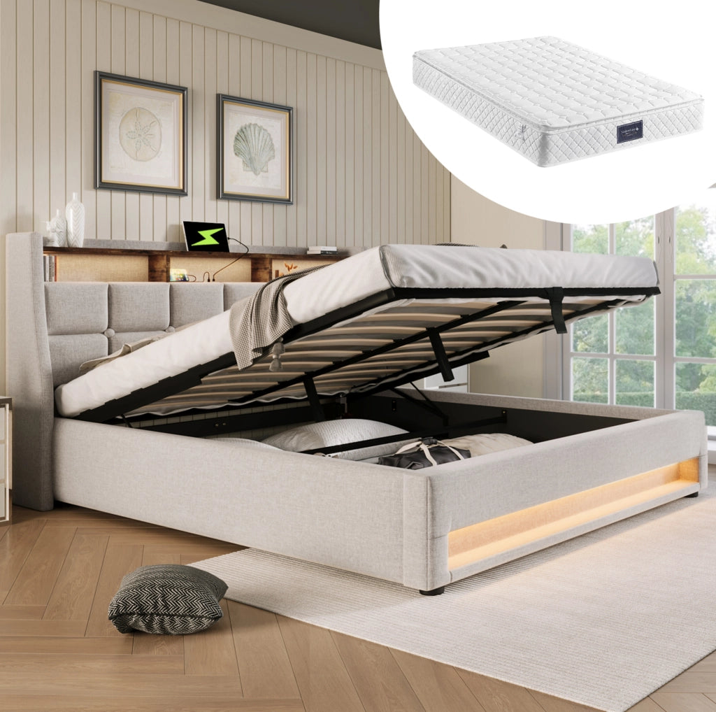 Letto matrimoniale imbottito 140x200 cm con LED e USB; in tessuto effetto lino beige