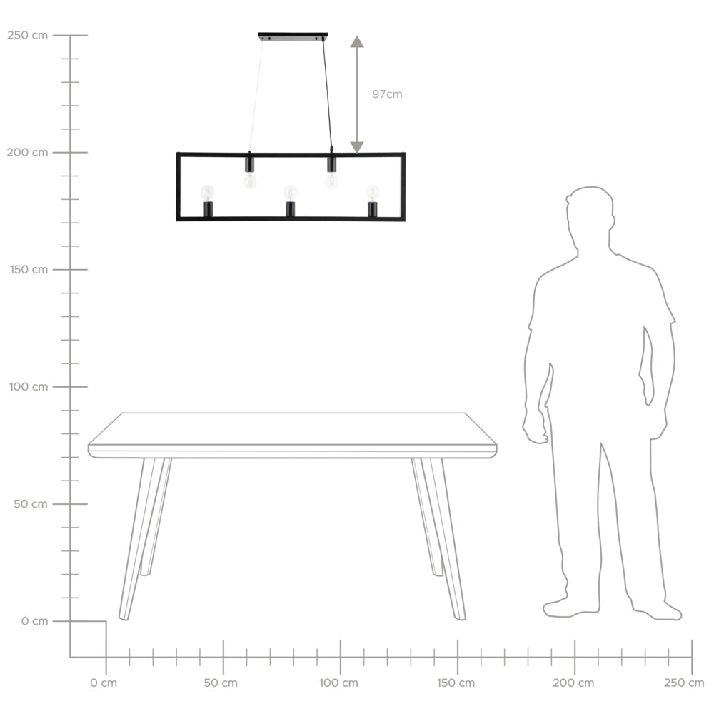 Lampada a Sospensione a 5 Luci in Metallo Nero Stile Industriale Rettangolare