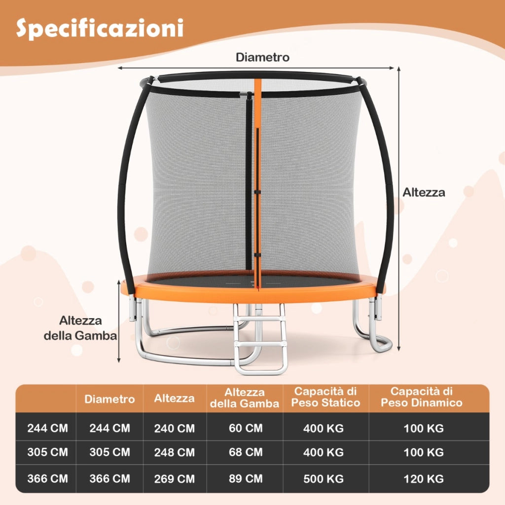 Trampolino ricreativo pesante con rete di sicurezza per bambini e adulti-Trampolino da esterno 244 cm in acciaio zincato antiruggine Arancione