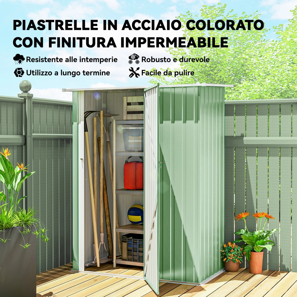 Capanno Porta Attrezzi 142x86x189 cm con Tetto Inclinato e Porta Bloccabile in Metallo Verde Chiaro