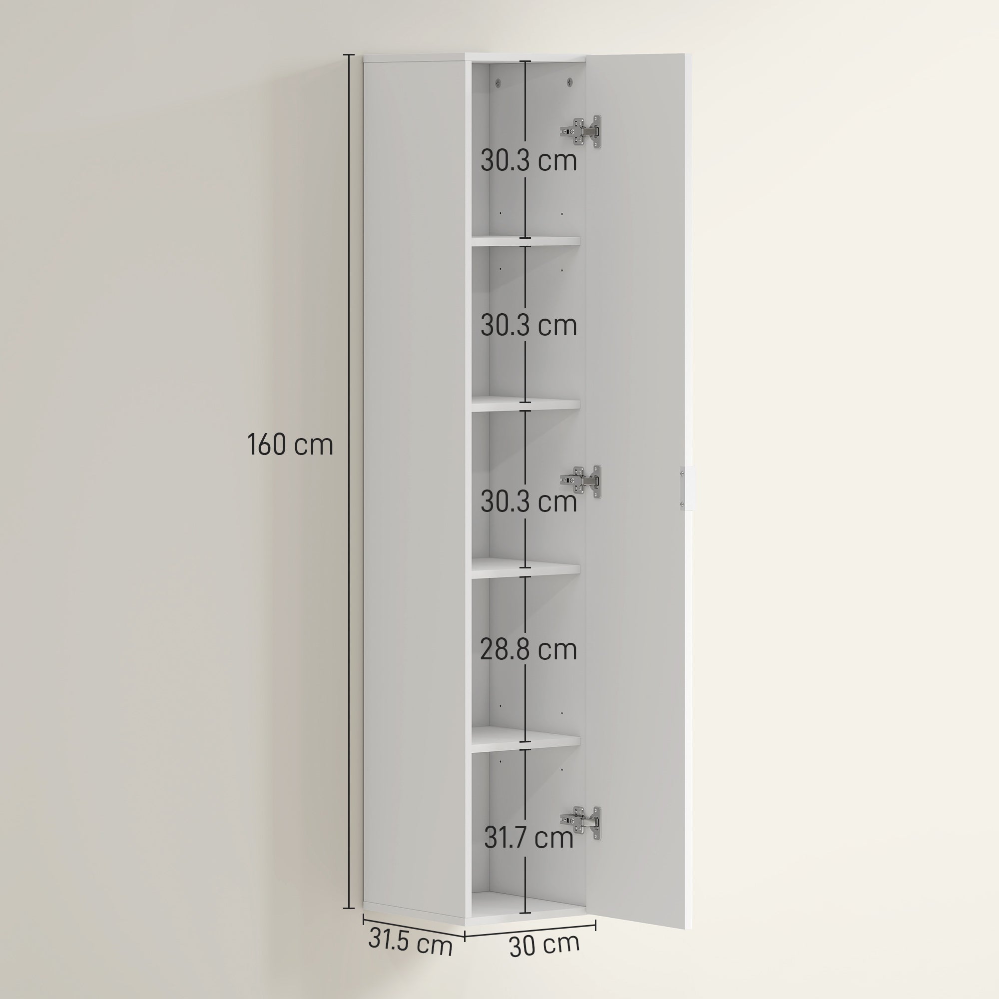 Mobile Bagno Sospeso a Colonna 30x31.5x160 cm con Ripiani Regolabili e Chiusura Soft Close in MDF Bianco