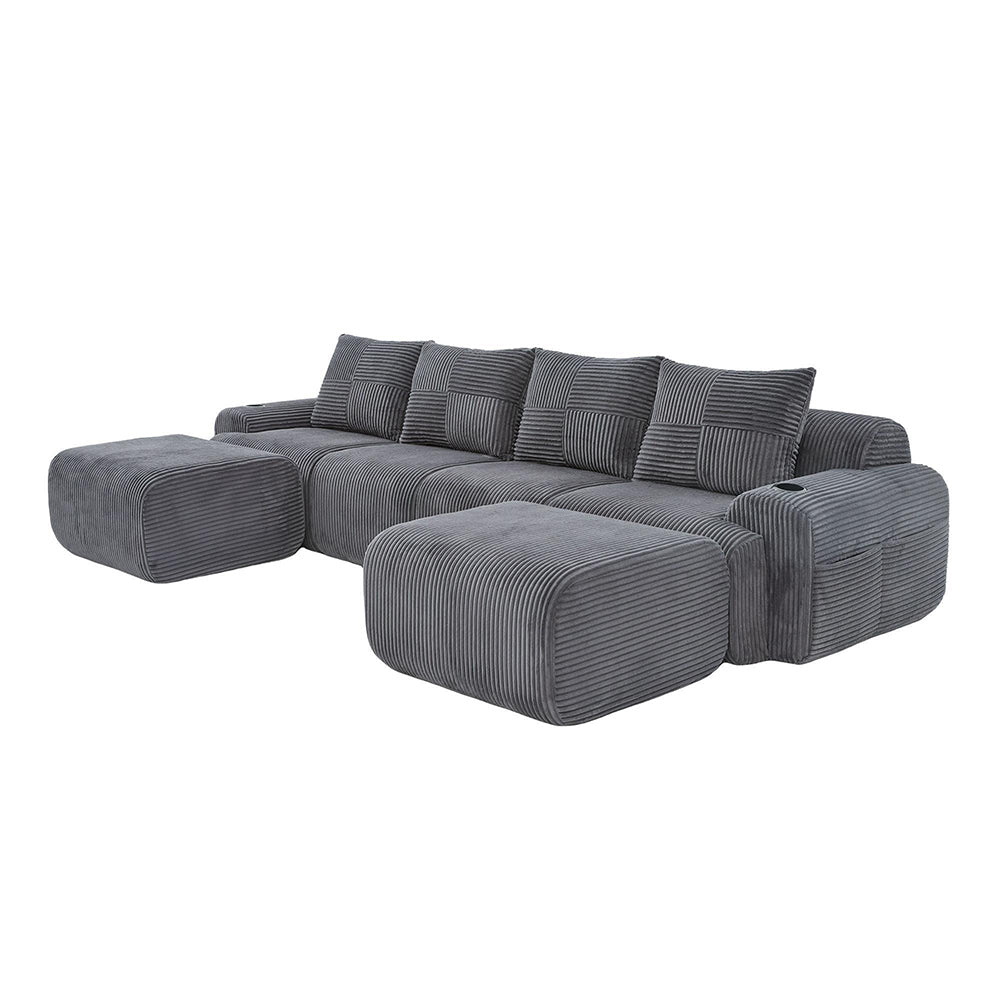 Canap¨¦ modulaire in velluto costato per 4 persone - Xylo - 2 sgabelli, porta-bevande, tascone laterale