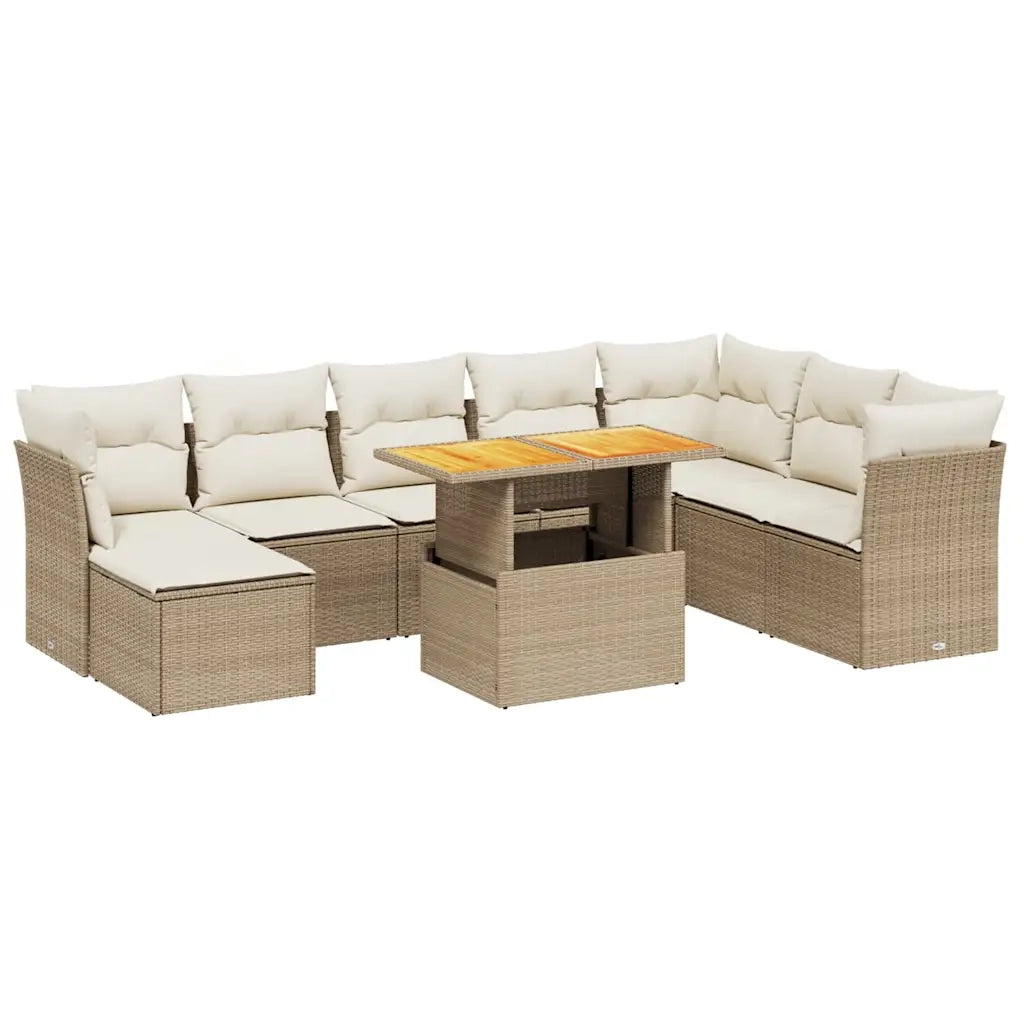 Set Divano da Giardino 9 pz con Cuscini Beige in Polyrattan
