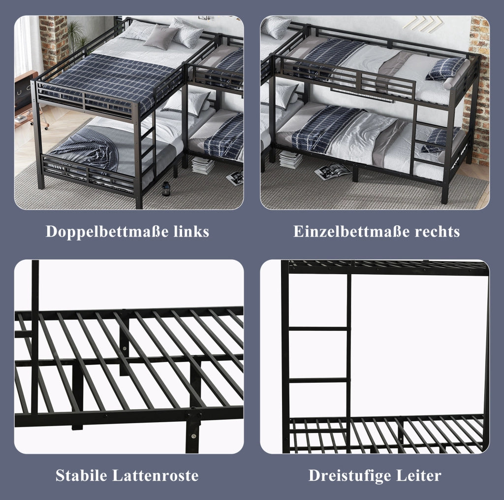 Letto a castello ULEVR 90x200 e 140x200 cm in ferro nero con rete a doghe e scala a 3 gradini