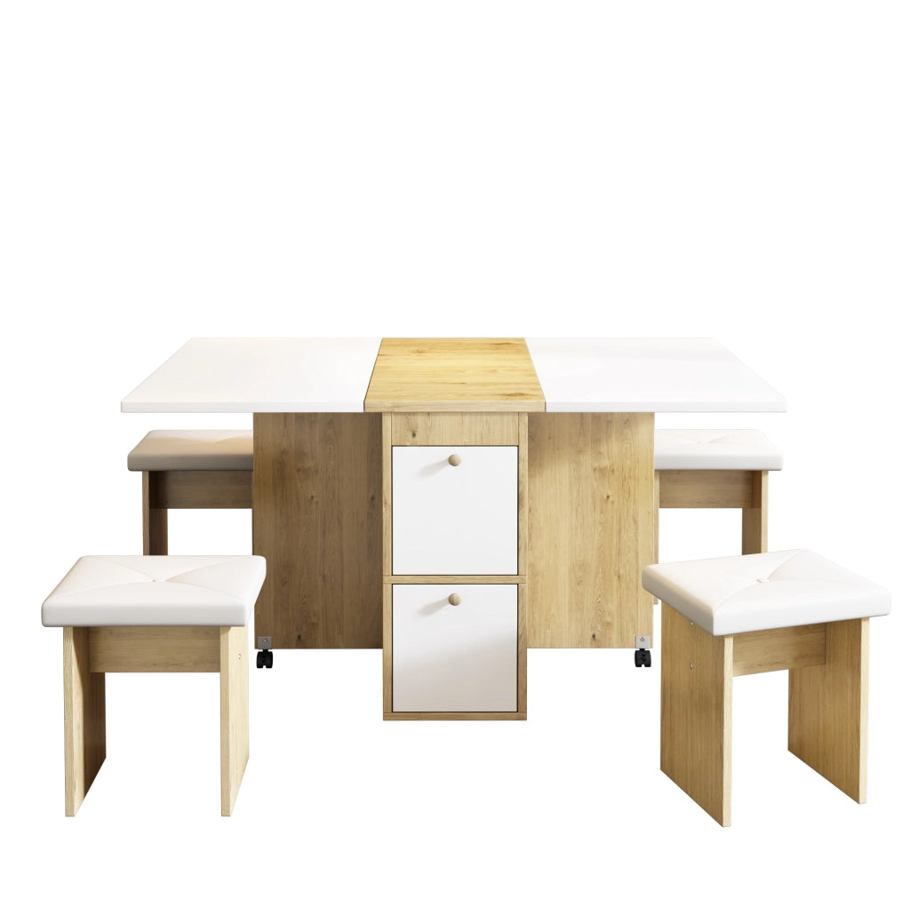 Set tavolo da pranzo pieghevole con 4 sedie; pannello truciolare e PU; bianco effetto rovere
