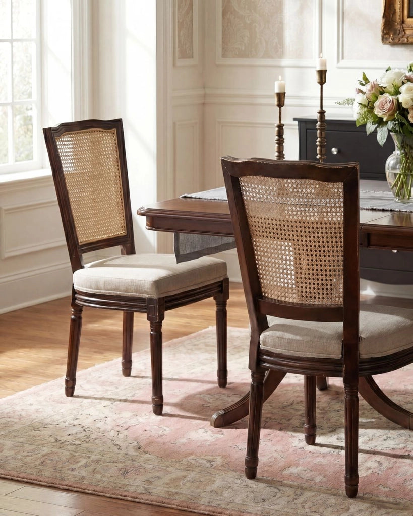 Set di 2 sedie da pranzo con struttura in legno e rivestimento in tessuto marrone scuro e beige, in stile country francese vintage con intreccio viennese