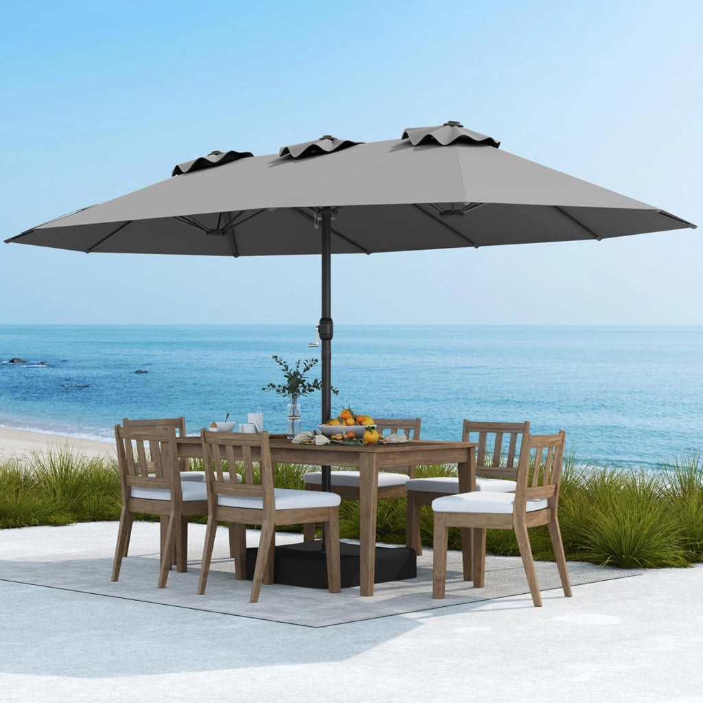 Ombrellone Doppio da Giardino 443 x 263 cm, Ombrello Rettangolare con Sistema a Manovella, Ombrellone da Giardino con Base e 12 Costole, per Sabbia, Cortile (Grigio)