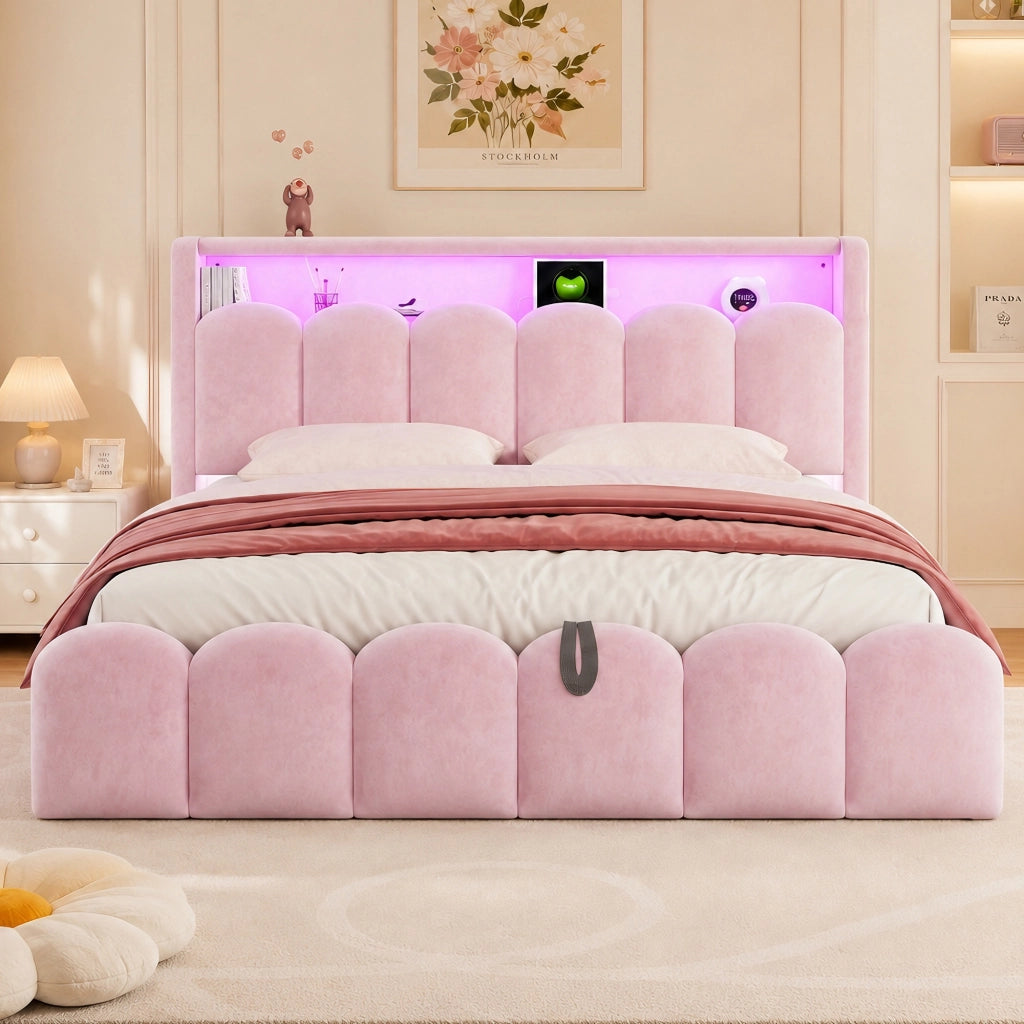 Letto matrimoniale contenitore 180x200 cm con testiera a petalo; LED; USB e USB-C; imbottito in velluto rosa