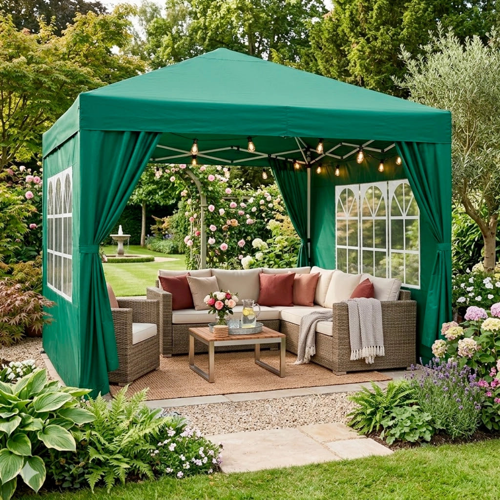 Gazebo Pieghevole Da Giardino Con Pareti Laterali E Finestre Trasparenti Sistema Pop Up Copertura Impermeabile UV50+ Telaio In Acciaio Per Eventi Outdoor 3 x 3 x 2.59 M Verde