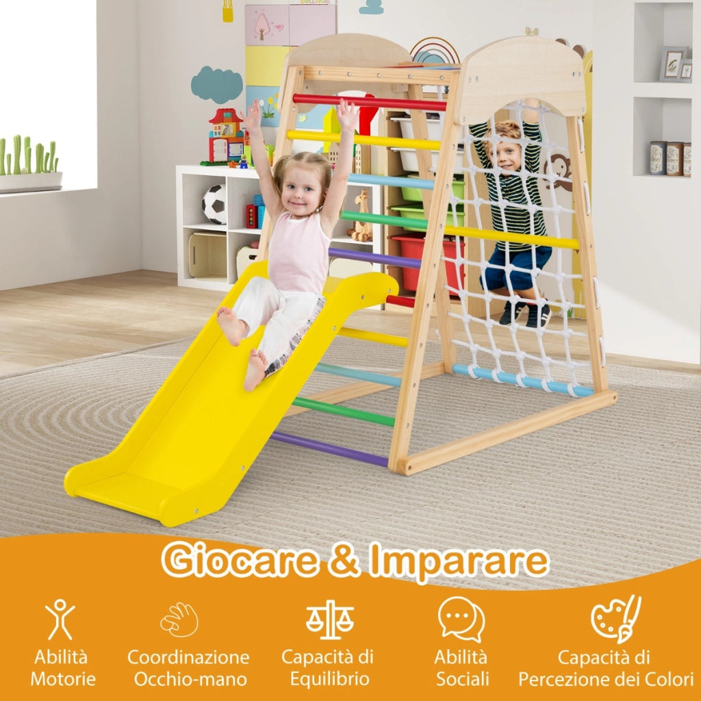 Set gioco da arrampicata in legno con ancoraggi al pavimento, Parco giochi con rampicata a doppia faccia Colorato-Arrampicate e scivoli
