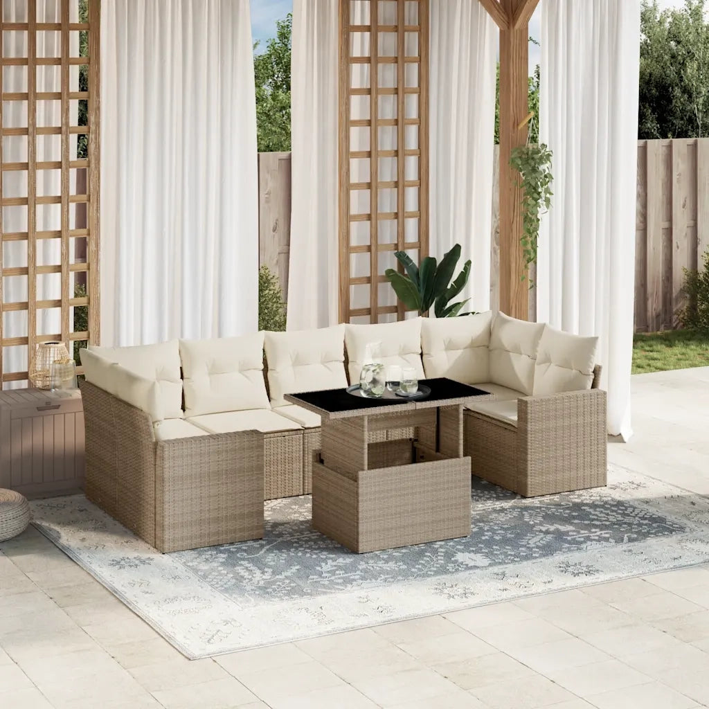 Set Divano da Giardino 8 pz con Cuscini Beige in Polyrattan