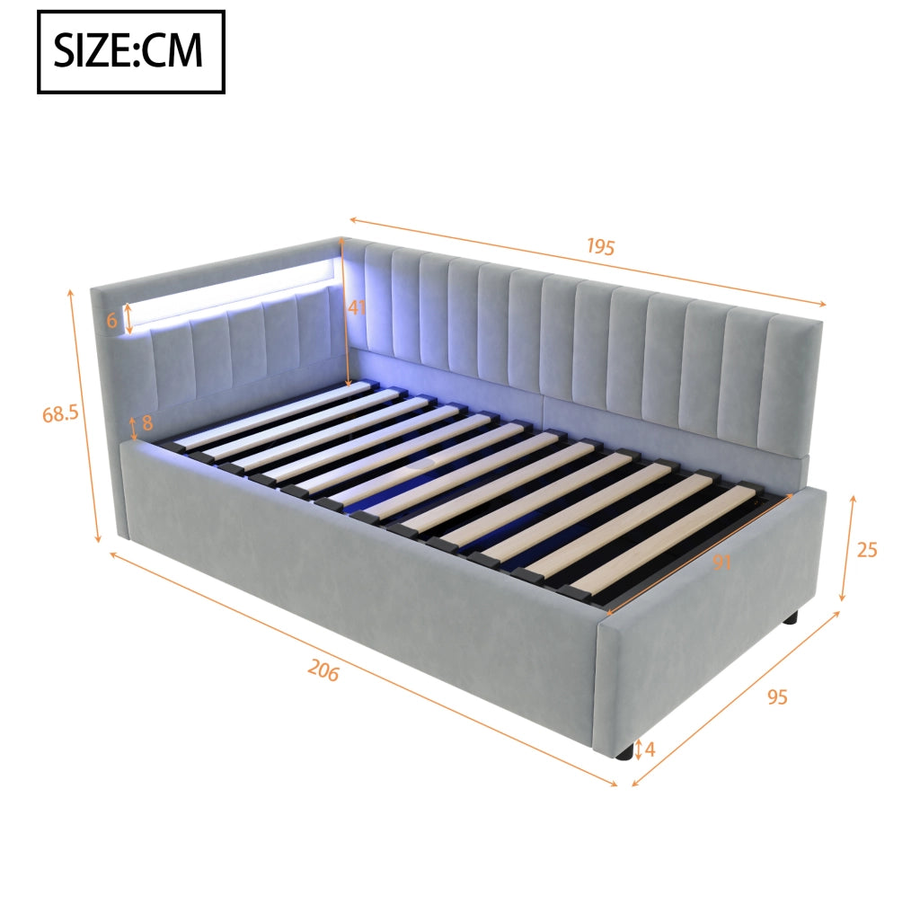 Letto imbottito 90x200 con LED, contenitore idraulico e rete a doghe