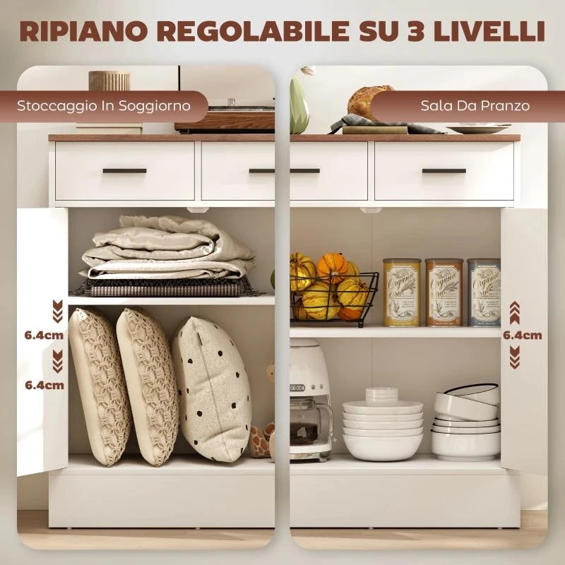 CREDENZA MODERNA 2 CASSETTI E ARMADIETTO 2 ANTE, RIPIANO INTERNO REGOLABILE, BIANCO E LEGNO