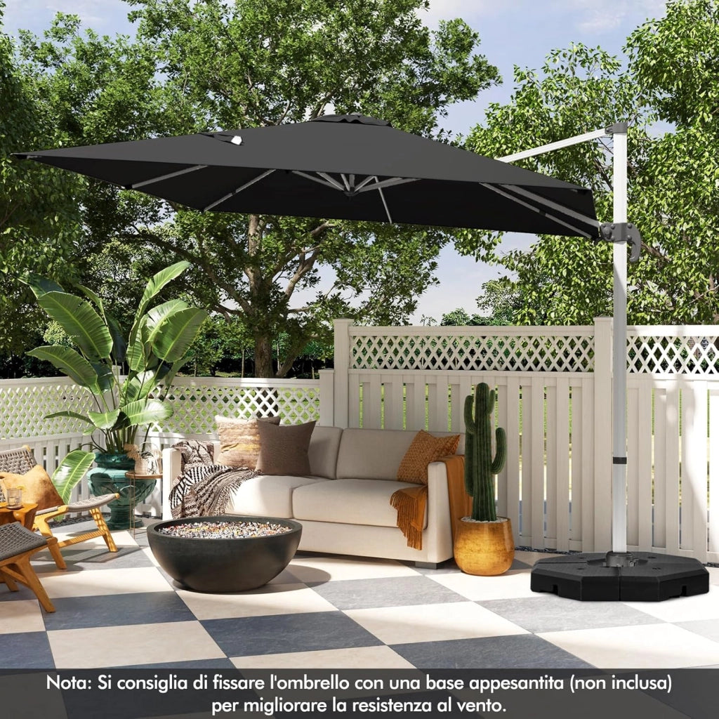 Ombrellone da Giardino, con Base Incrociata, Ombrellone Quadrato da Esterno con Palo in Alluminio e Girevole a 360°, Manovella e Inclinazione Regolabile, 300 x 300 cm (Nero)