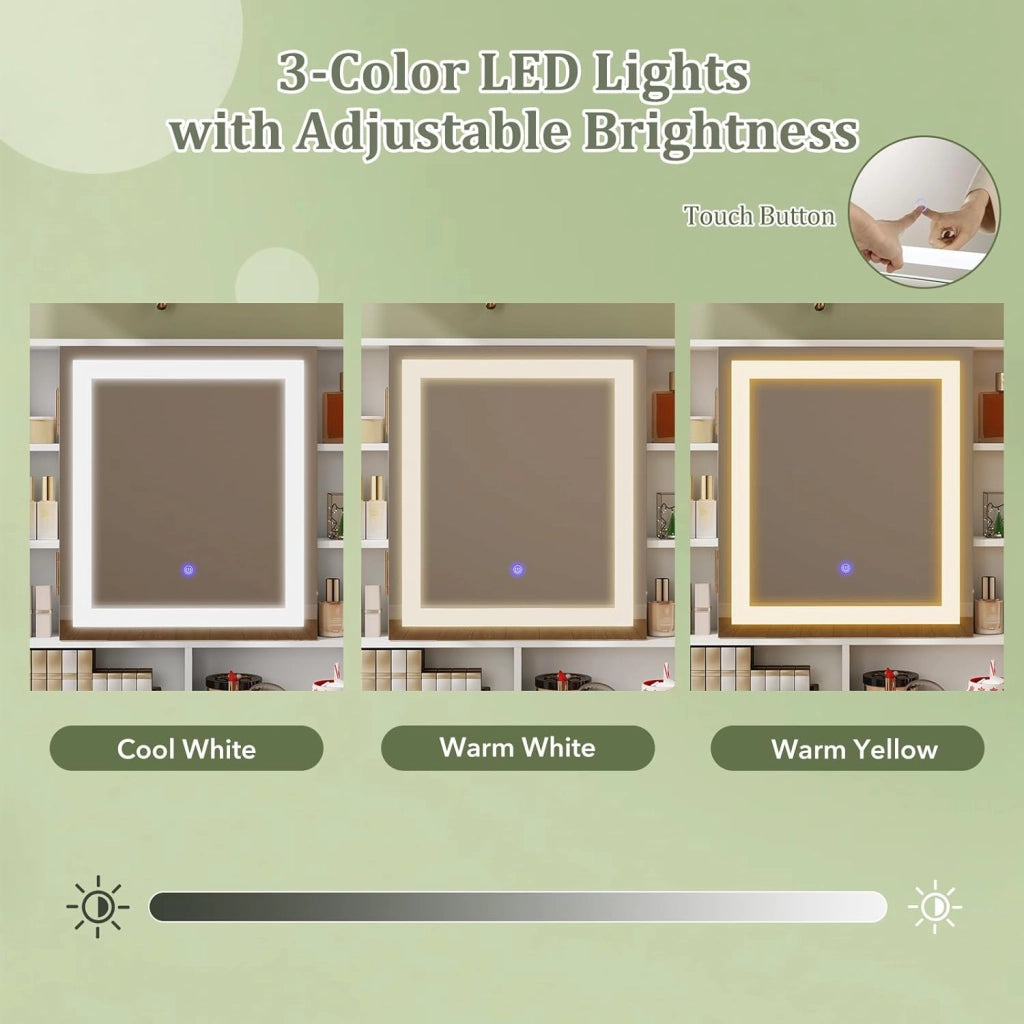 Tavolo da toeletta con specchio a LED, tavolo da toeletta con sgabello e stazione di ricarica in 3 colori, tavolo da trucco con cassetti e scomparti aperti, tavolo cosmetico per camera da