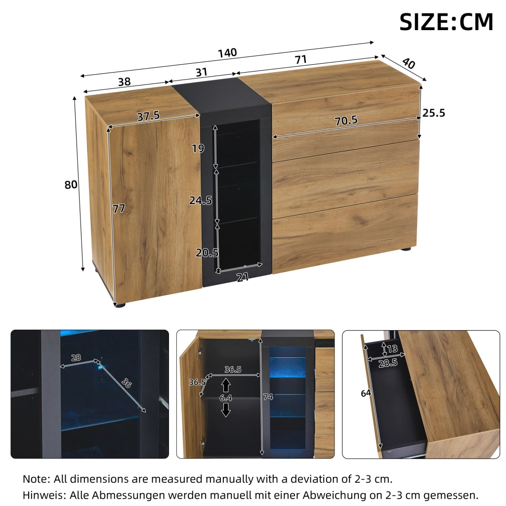 Credenza con 3 cassetti; 1 anta e LED APP - per soggiorno - 140×40×80 cm