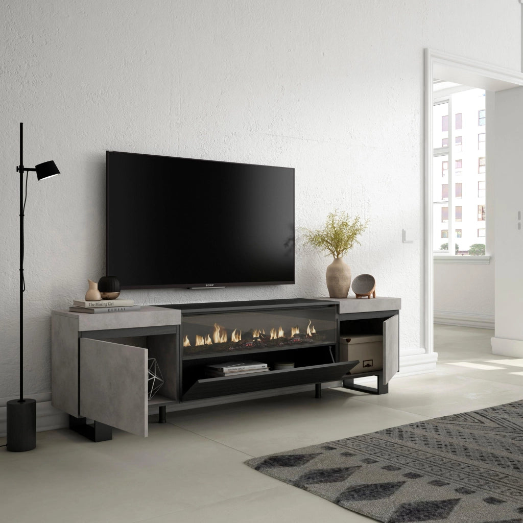 Mobile TV, 200x35x57cm, soggiorno, Per TV fino a 80", Camino elettrico, Design industriale, grigio cemento RF2242