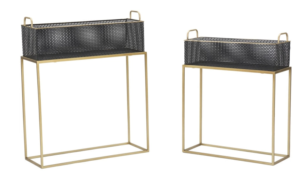 Porta Vasi Fashion Rettangolare Coppia 60x23x73,5-51x20x64 cm in Ferro Nero e Oro