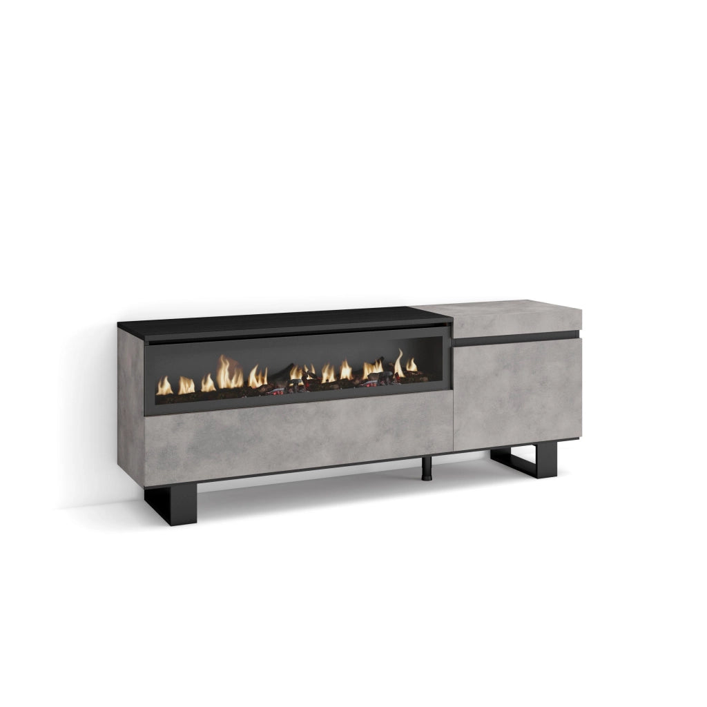 Mobile TV Soggiorno, 150x35x57cm, Per TV fino a 65", Camino elettrico, Design industriale, grigio cemento RF2467