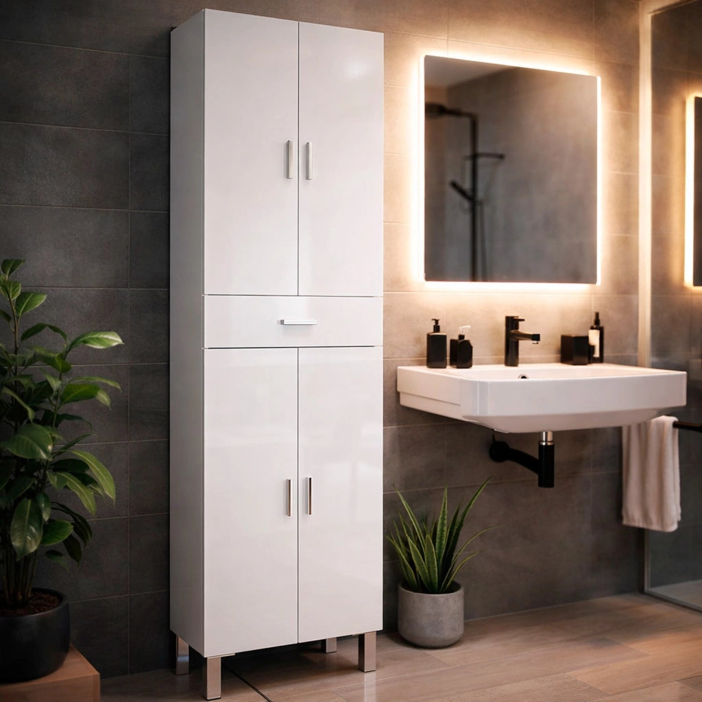 Colonna Bagno 4 Ante 4 Ripiani Cassetto Mobile Alto Moderno Salvaspazio Mensole Regolabili Elegante Minimal Per Lavanderia Ripostiglio 182 X 60 X 29 Cm Colore Bianco