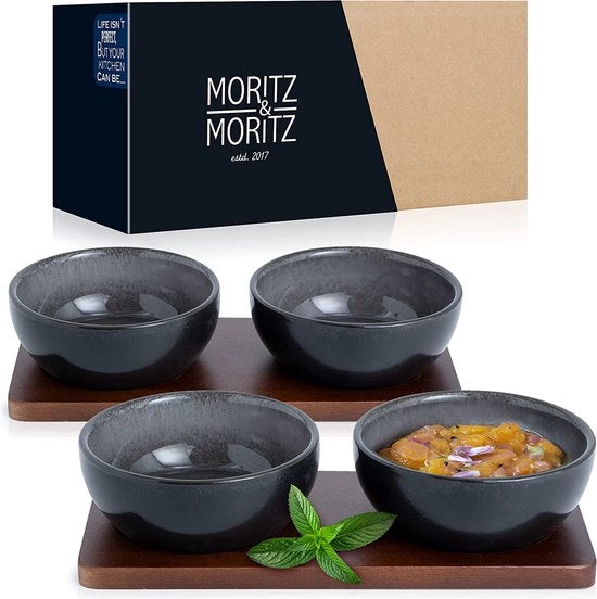 Set di 6 Tazze per Insalate con Piatto - 10 cm di Diametro - 4 Tazze in Porcellana Nero Grigio Blu