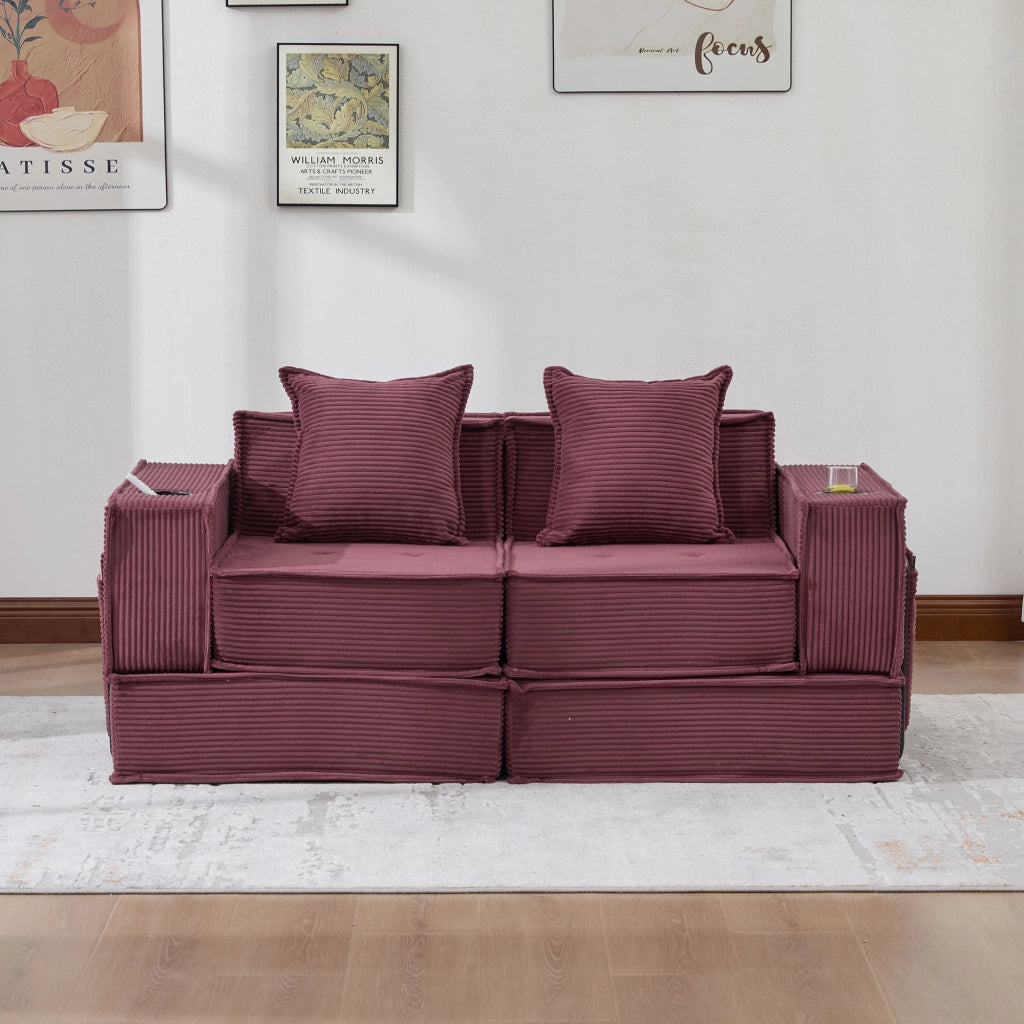 DIVANO 162x78x66 cm in tessuto a coste rosso vino con 2 cuscini
