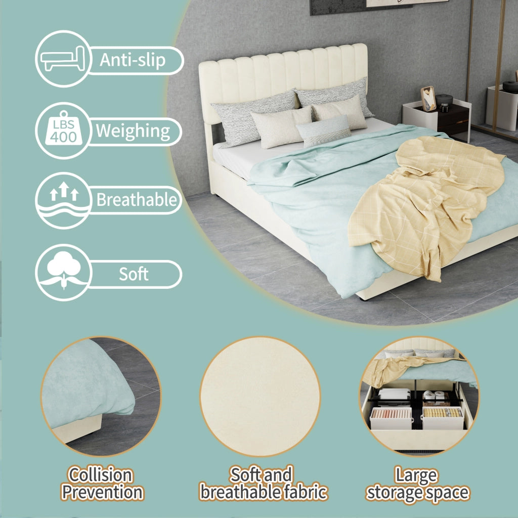 Letto moderno per materasso 140 × 200 cm in tessuto beige; struttura per camera da letto