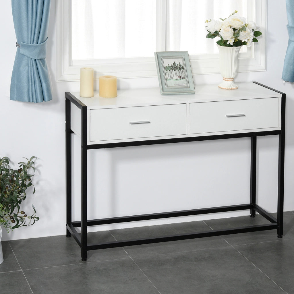 Tavolo consolle con 2 cassetti ¨C zephmum ¨C legno bianco e metallo nero 120x34x81cm