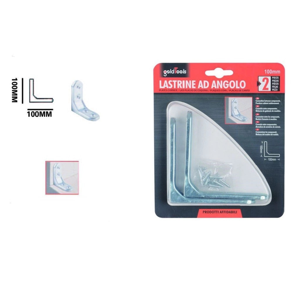 Trade Shop - Set 2 Pz Lastrina Ad Angolo 100mm Sostegno Staffa Angolare Con Viti Mobili 91214 -