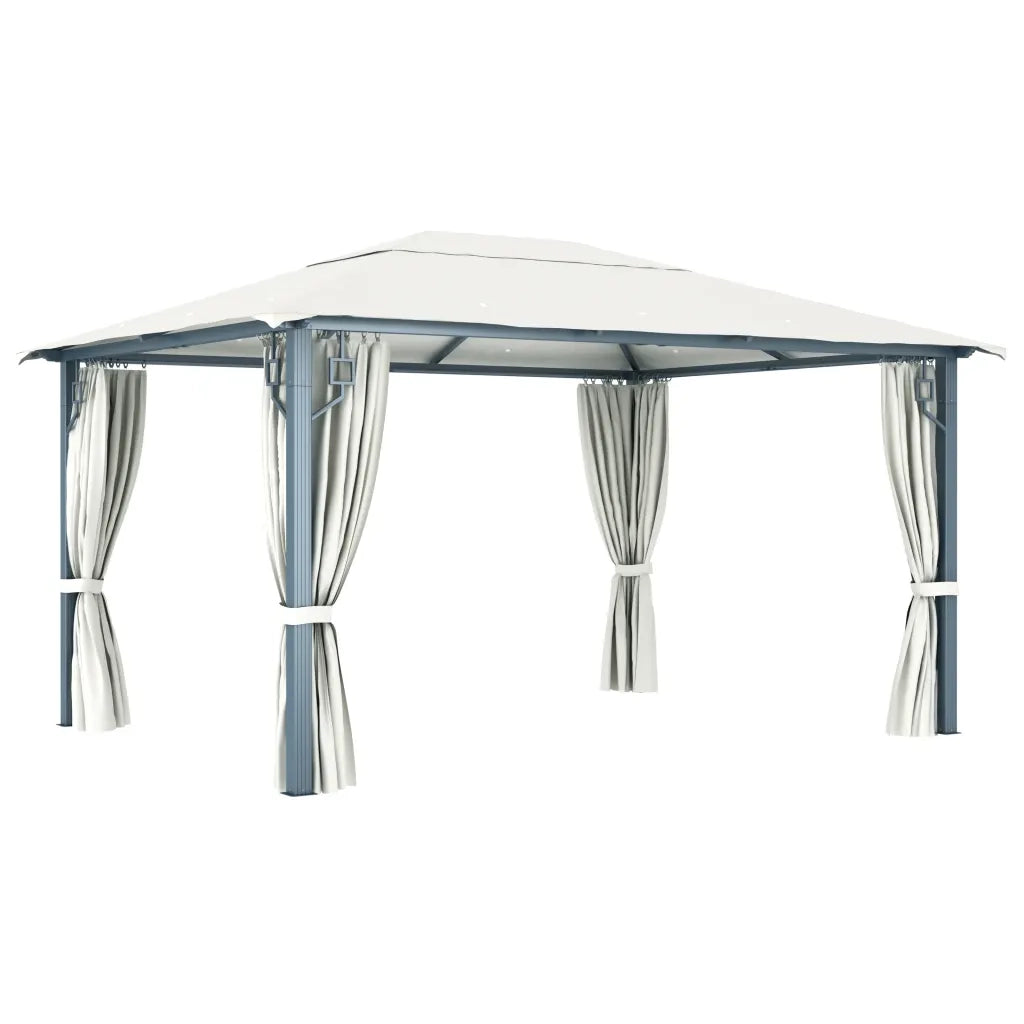Gazebo con Tende Stringa di Luci LED 400x300 cm Crema Alluminio