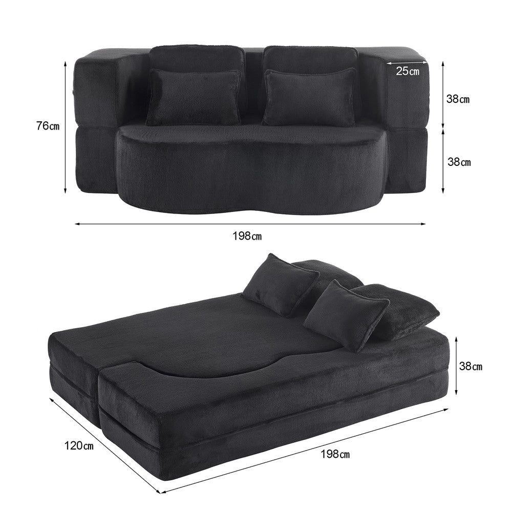 Divano Letto Pieghevole con Cuscini ¨C Xylo ¨C Nero, Flanella, Schiuma Alta Densit¨¤