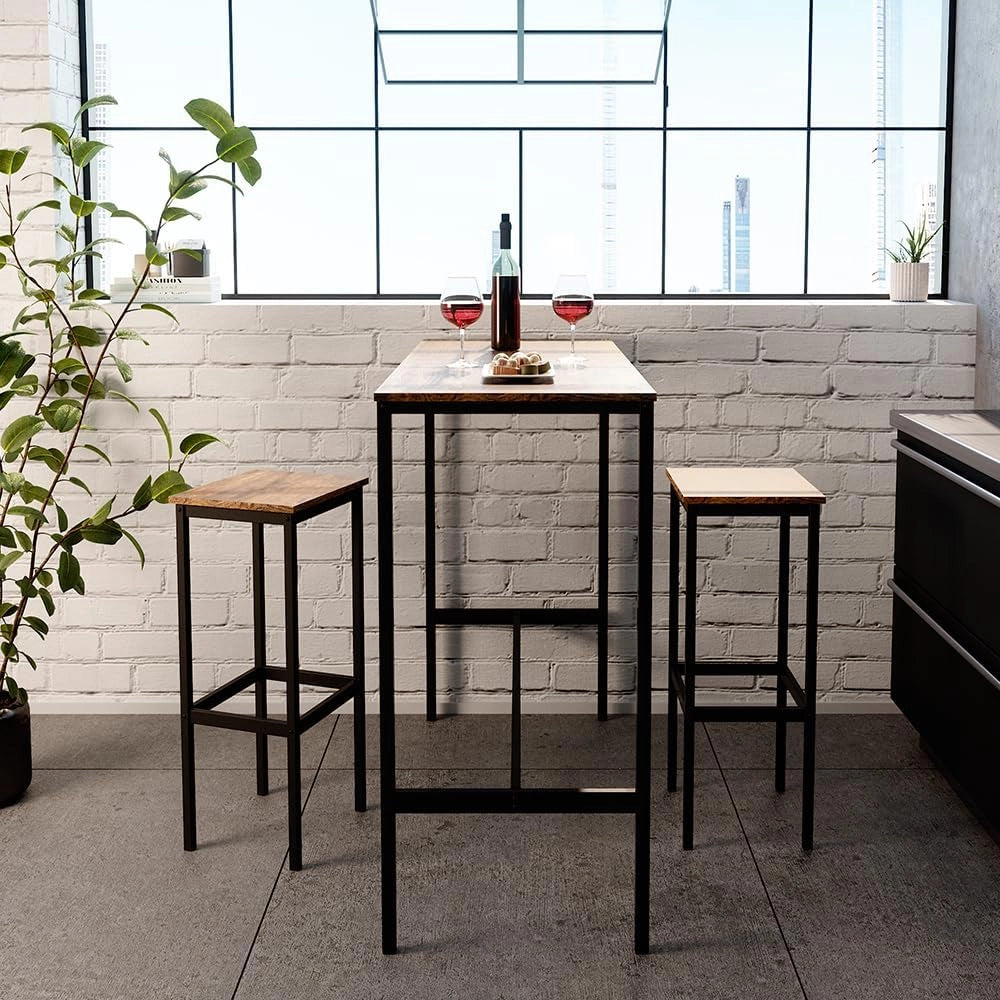 Tavolo bar con sgabelli Fyrk, Legno antico, 120 x 50 cm con 2 sgabelli da bar, adatto per banconi e piani cucina, impilabile per la conservazione