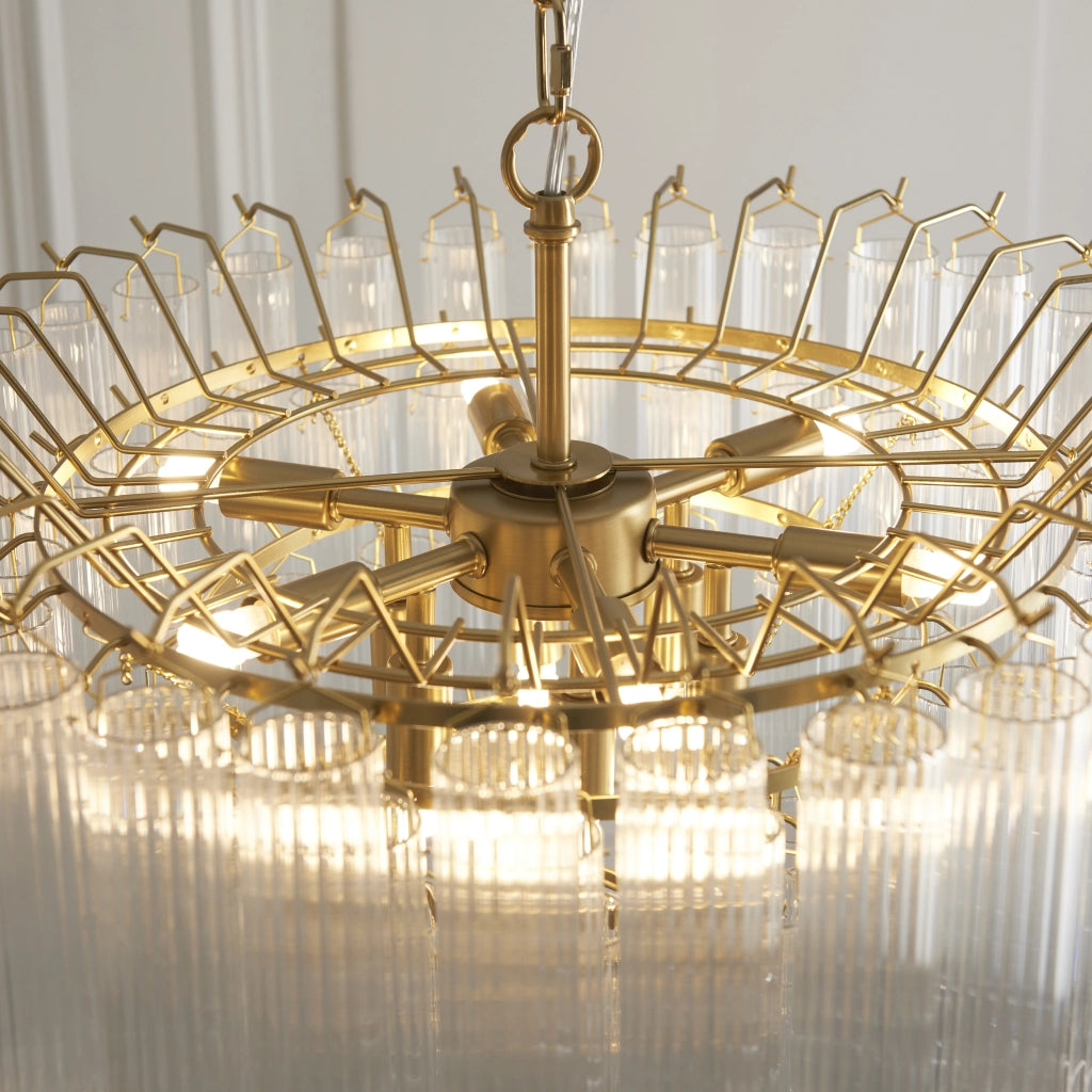 Lampadario TOULOUSE glamour ottone satinato vetro rigato 12xG9