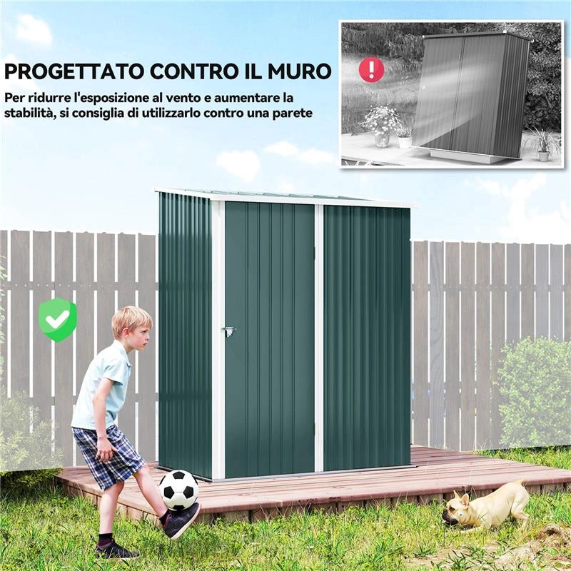 CASETTA DA GIARDINO IN ACCIAIO PORTA ATTREZZI CON CATENACCIO, 161.5X94.5X196CM, VERDE