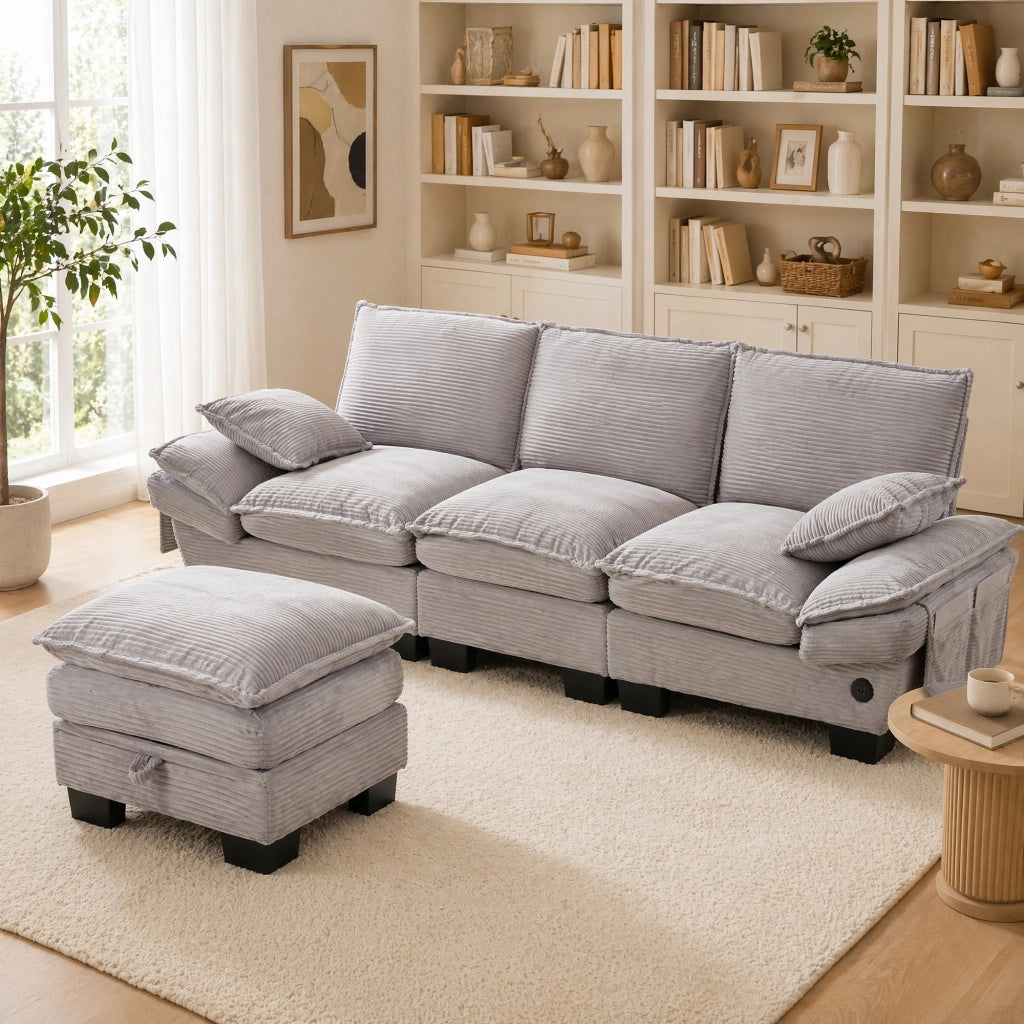 DIVANO Modulare 3 posti 260x132x84 cm in corduroy Grigio Chiaro con pouf