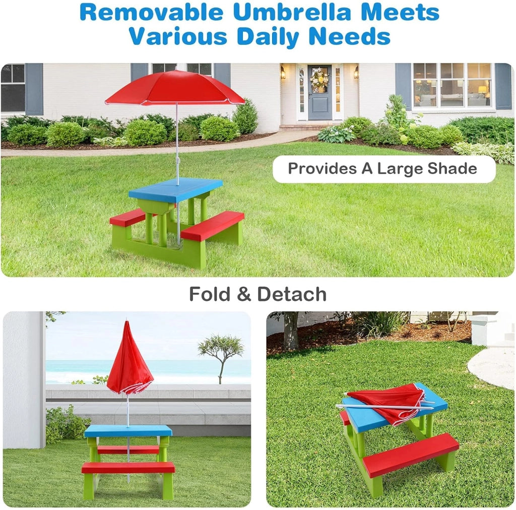 Tavolo da Picnic, Set di Tavolo e Sedie per Bambini con Parasole Pieghevole per Giardino/Terezzo/Parco, Bambini più di 3 Anni (Verde + Rosso + Blu)