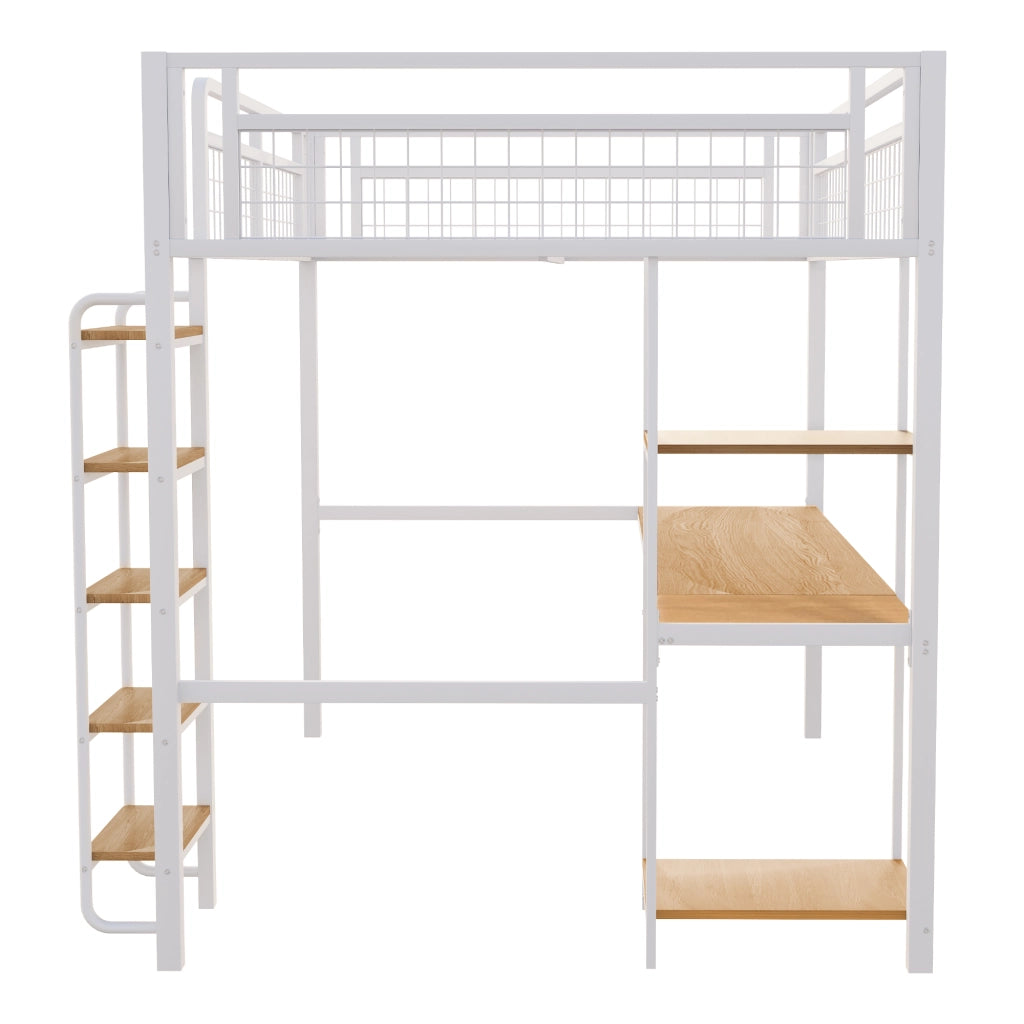 Letto a soppalco matrimoniale 140×200 cm con scala di sicurezza; tavolo e ripiani; senza materasso; metallo; bianco