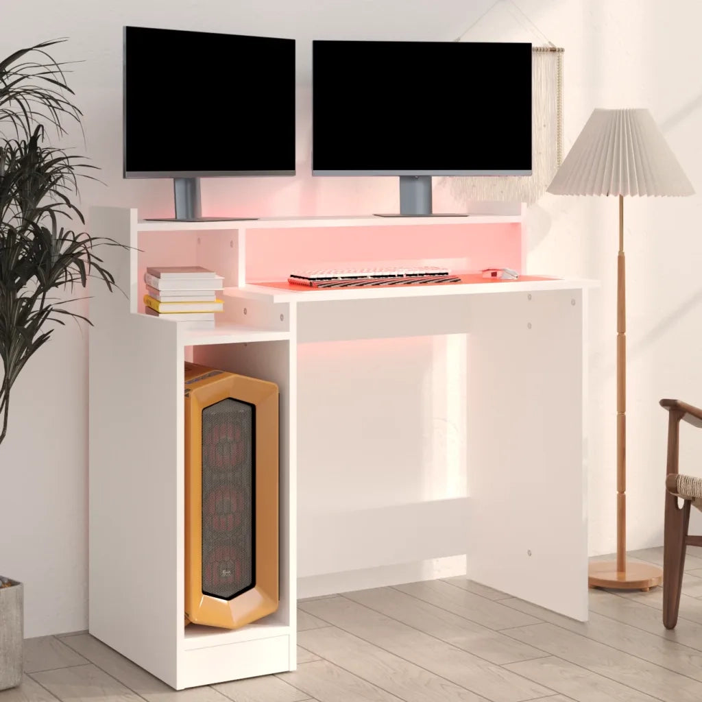 Scrivania | Tavolo da Ufficio con Luci LED Bianca 97x45x90 cm in Legno Multistrato