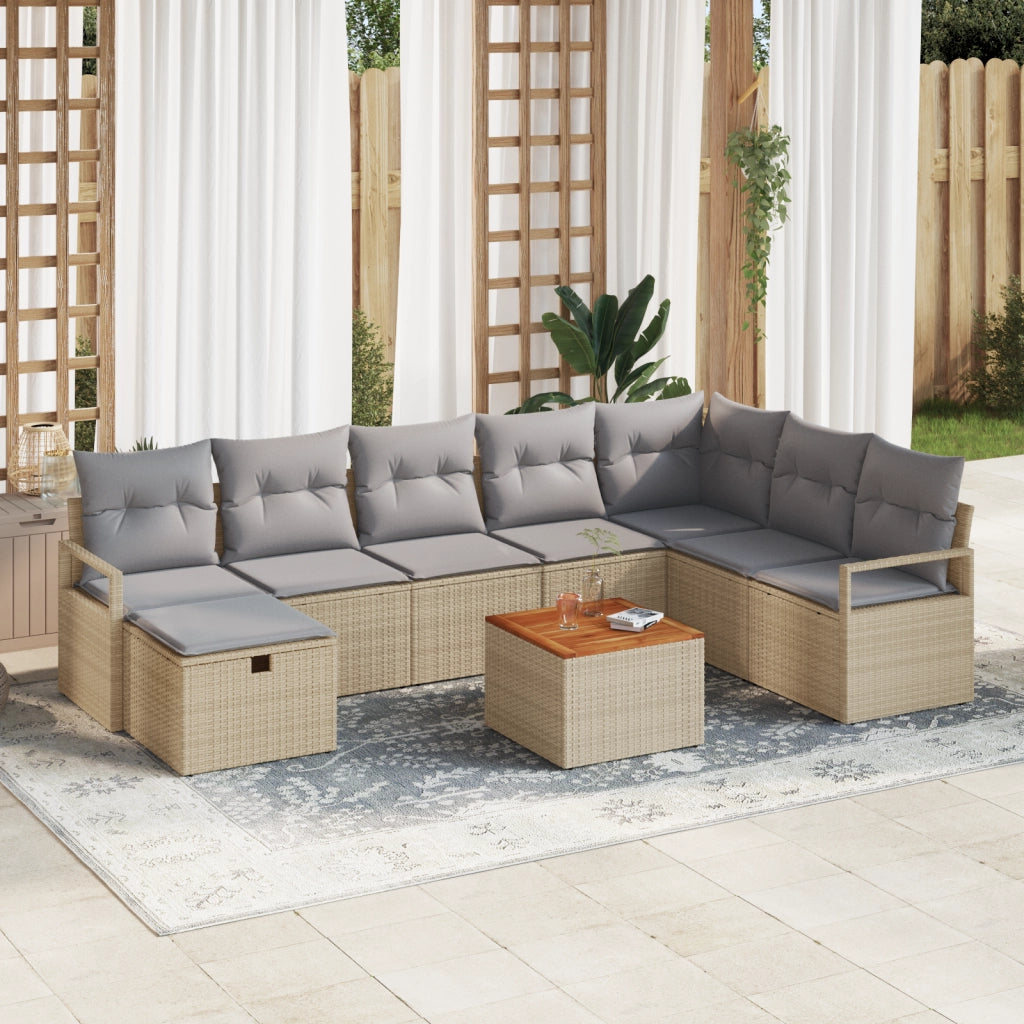 Set di divano da giardino  9 pezzi con cuscini beige polyrattan