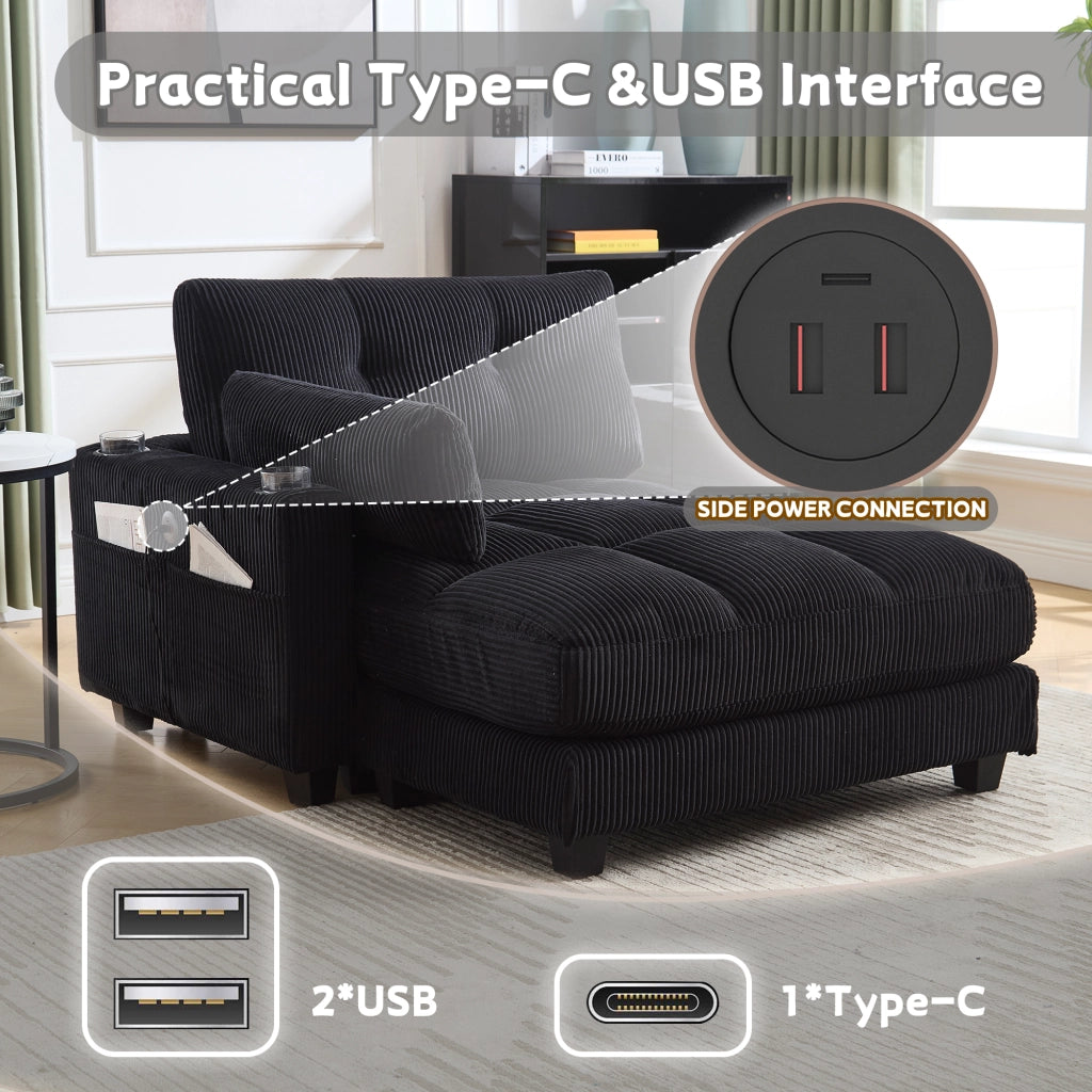 Poltrona Relax con USB, Portabicchieri, Tasca Laterale e Poggiatesta Regolabile, in Velluto Nero