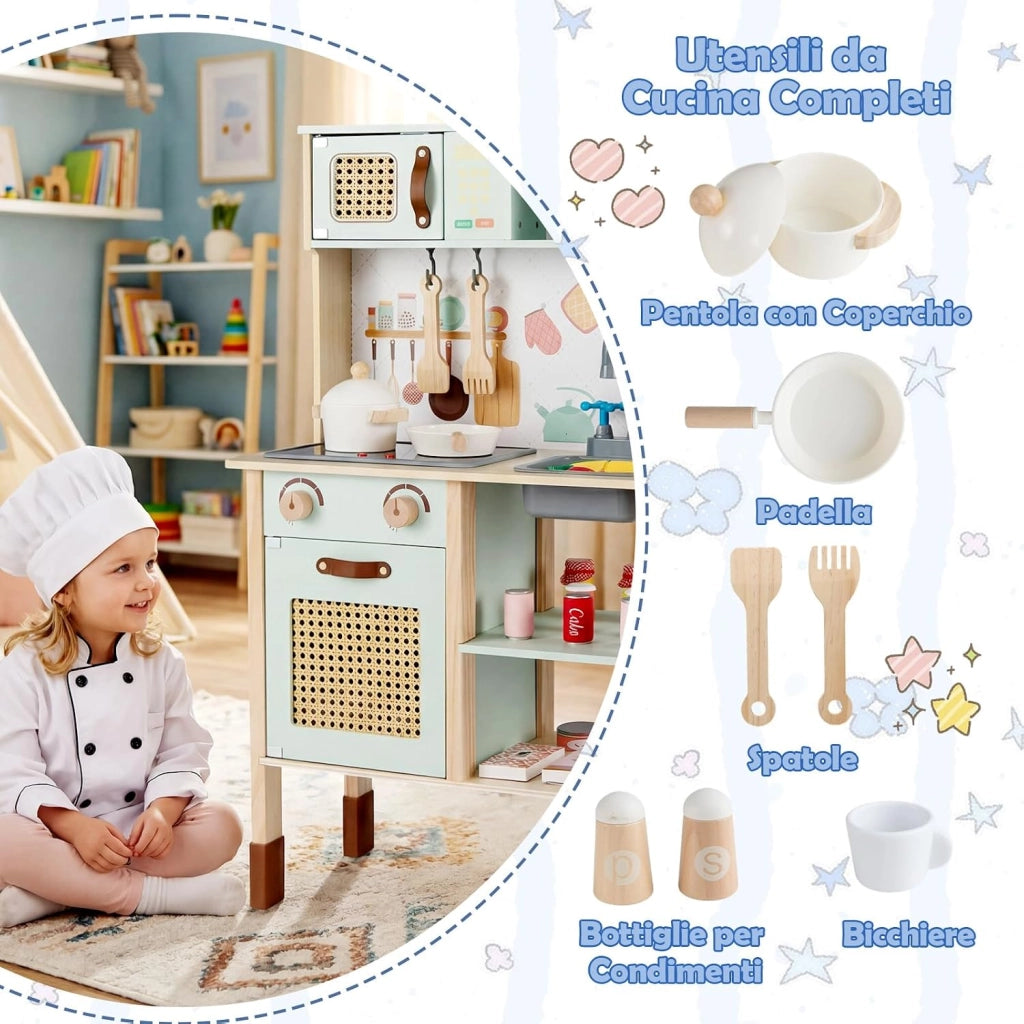 Cucina Giocattolo Bifacciale per Bambini, Cucina Educativa in Legno con Porte in Rattan, Lavagna sul Retro, Luci e Suoni, Accessori Completi, Gioco di Imitazione 3+ Anni, 60 x 29 x 95 cm