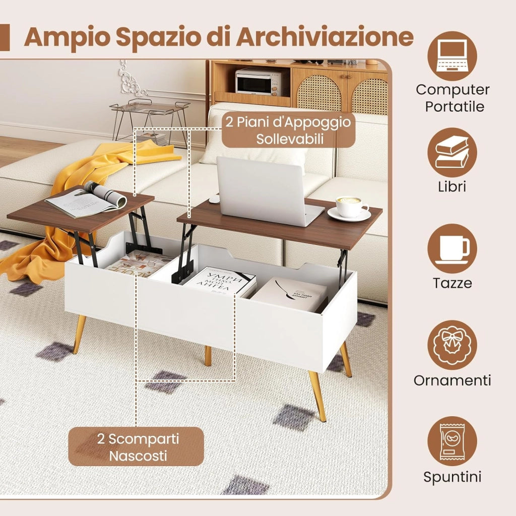 Tavolino da Caffè con Piano Sollevabile, Tavolino Moderno con 2 Scomparti Nascosti e Gambe in Metallo, Tavolo per Soggiorno, Studio e Ufficio, 111 x 48 x 40-53,5 cm (Noce)