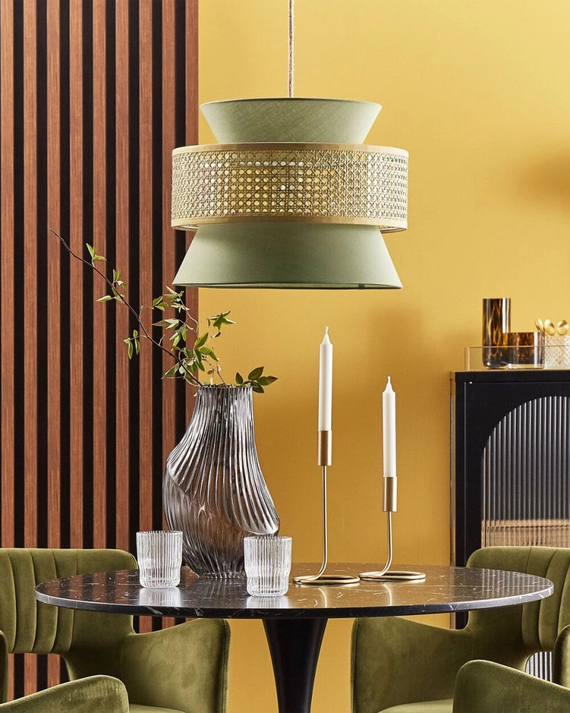 Lampada a sospensione verde rattan naturale paralume in poliestere illuminazione boho