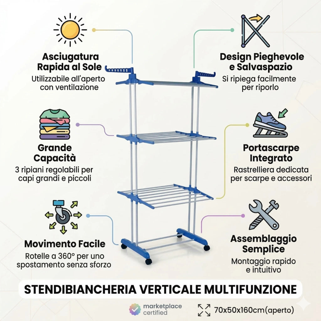 STENDIBIANCHERIA VERTICALE PIEGHEVOLE SALVASPAZIO CON RUOTE STENDINO 69080