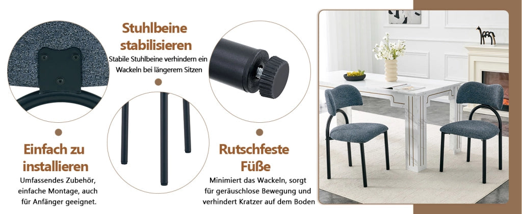 Set di 2 sedie da sala da pranzo moderne imbottite con schienale curvo e struttura in metallo nero, tessuto blu