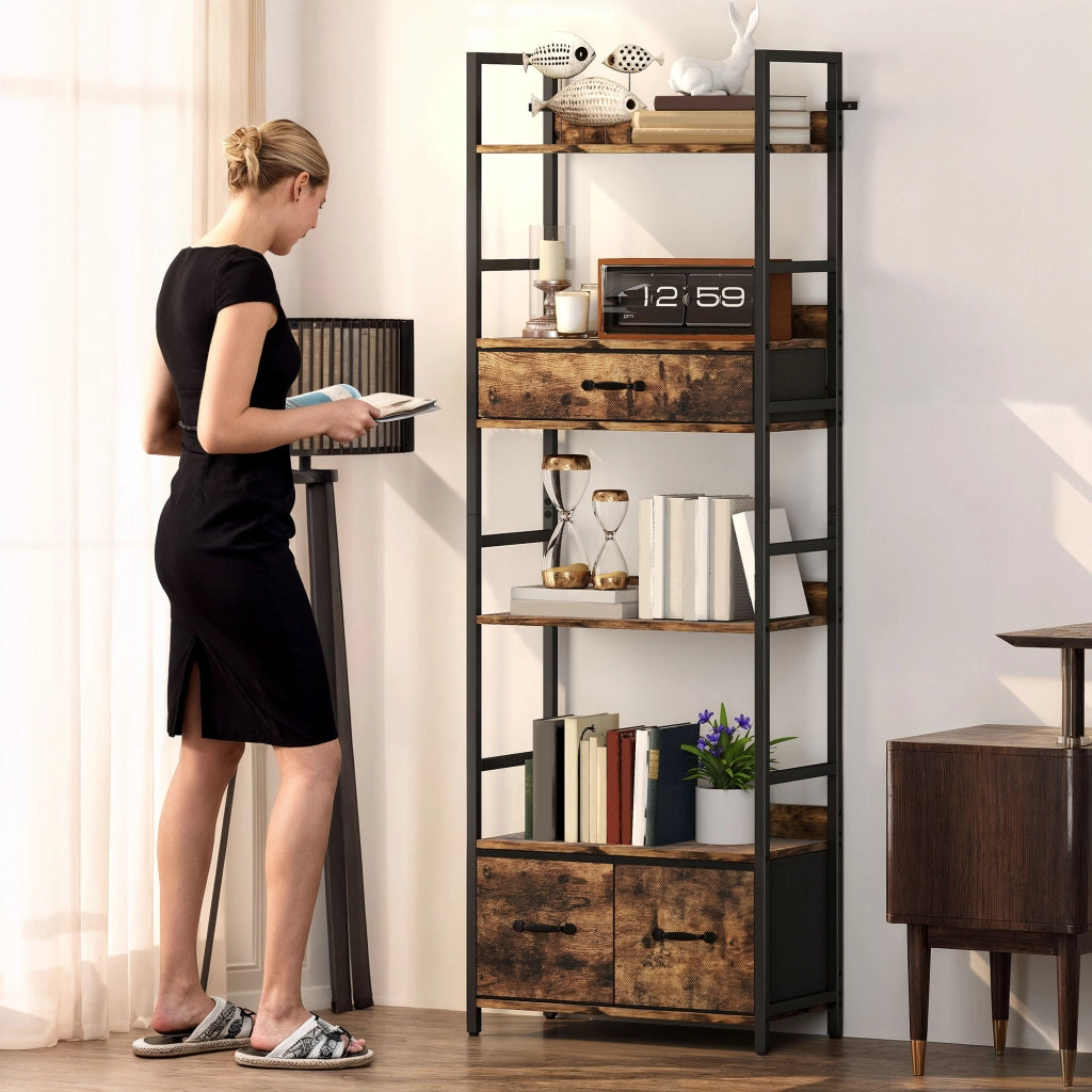 Libreria 6 Livelli con Cassetti Tessuto ¨C Zephmum ¨C 60x30x176cm Marrone Rovere