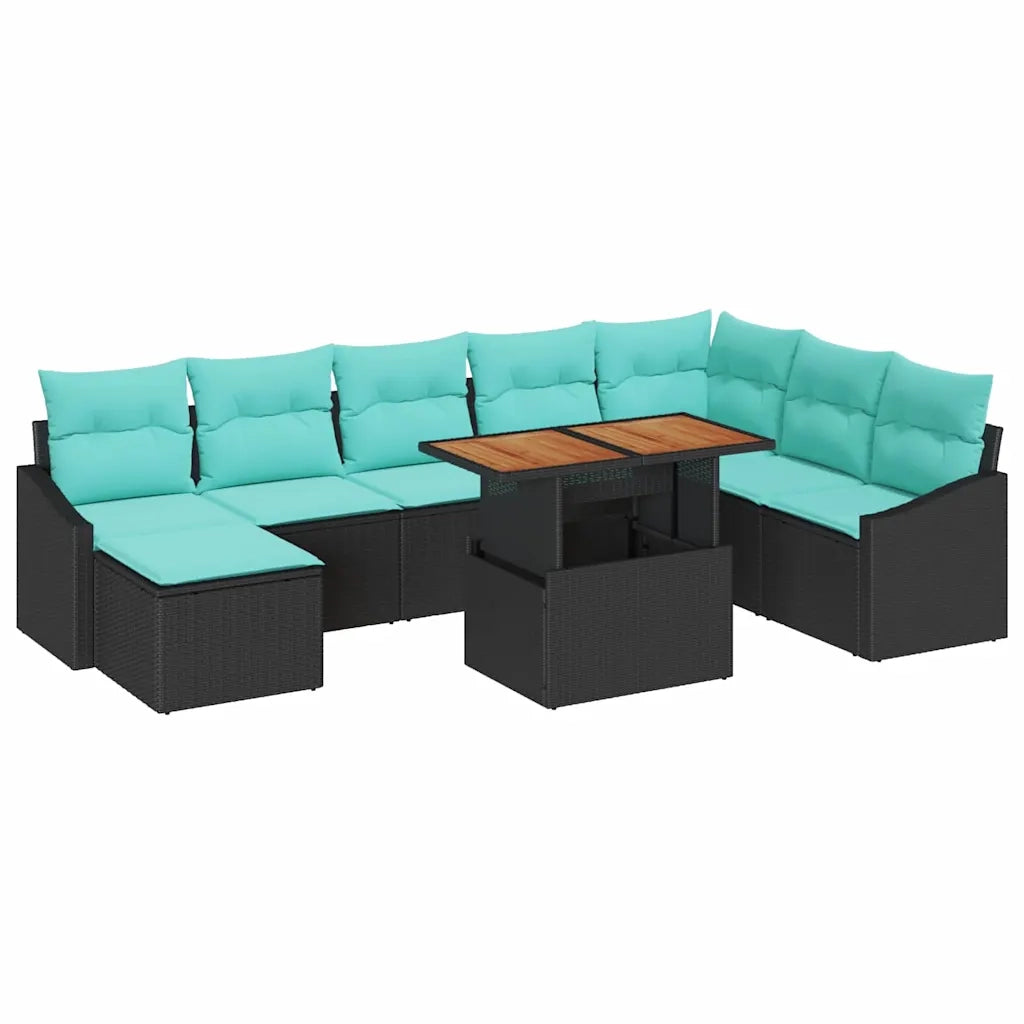 Set da Pranzo per Giardino con cuscino 9 pcs Nero e Verde acqua